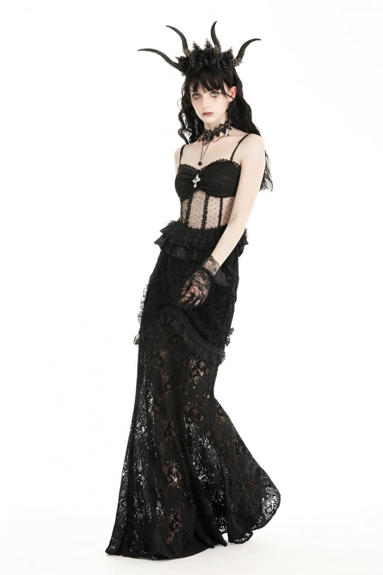 Obsidian Double-Layered Lace Ruffle Top with Spaghetti Straps - Gothic Sheer