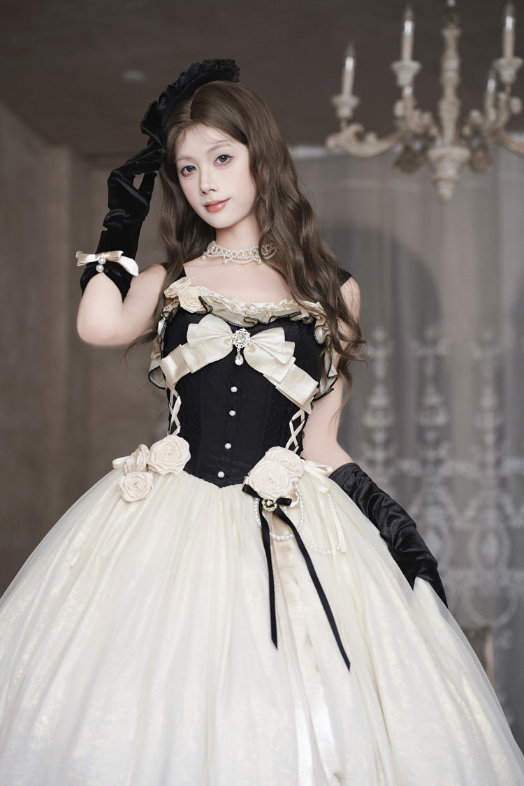 Black/White [Paris Souvenir] Sleeveless Ruffled Bow Lace-Up Fishbone Pearl-Decorated Classic Elegant Lolita Jsk Dress