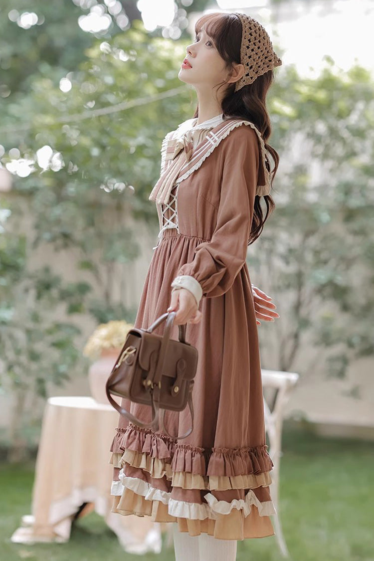 Brown Layered Dress with Ruffles - Sweet Lolita