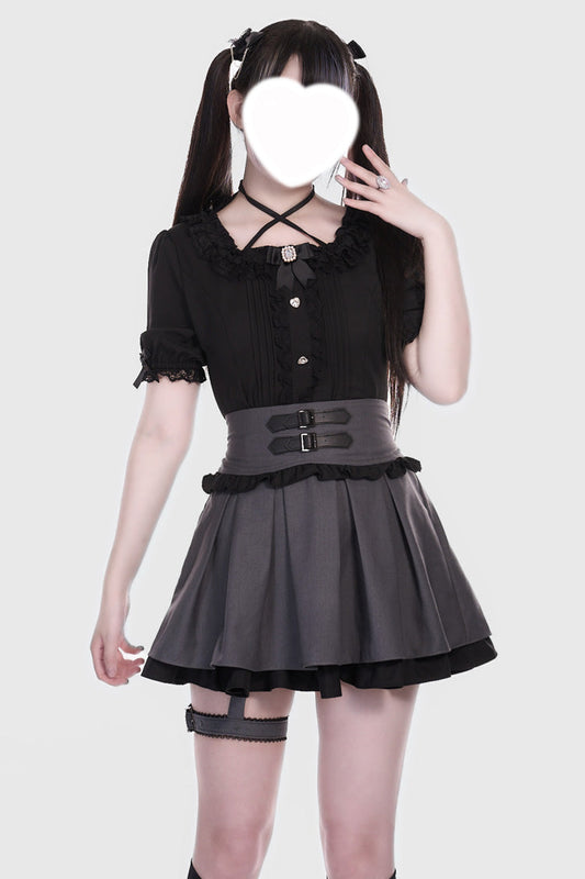 Japanese Jirai Kei Skirt with Leather Buckle, Double-Layered Ruffle, Grey/Black