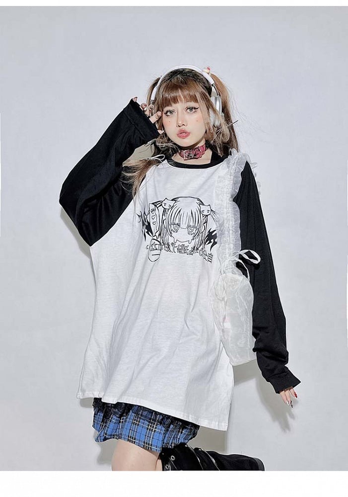 Black White Round Neck Cartoon Top