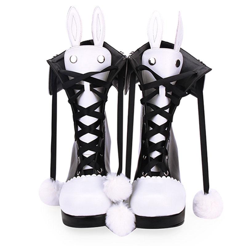 Black Bunny Ears Lace-up Fuzzy Ball Collar High Heel Boots