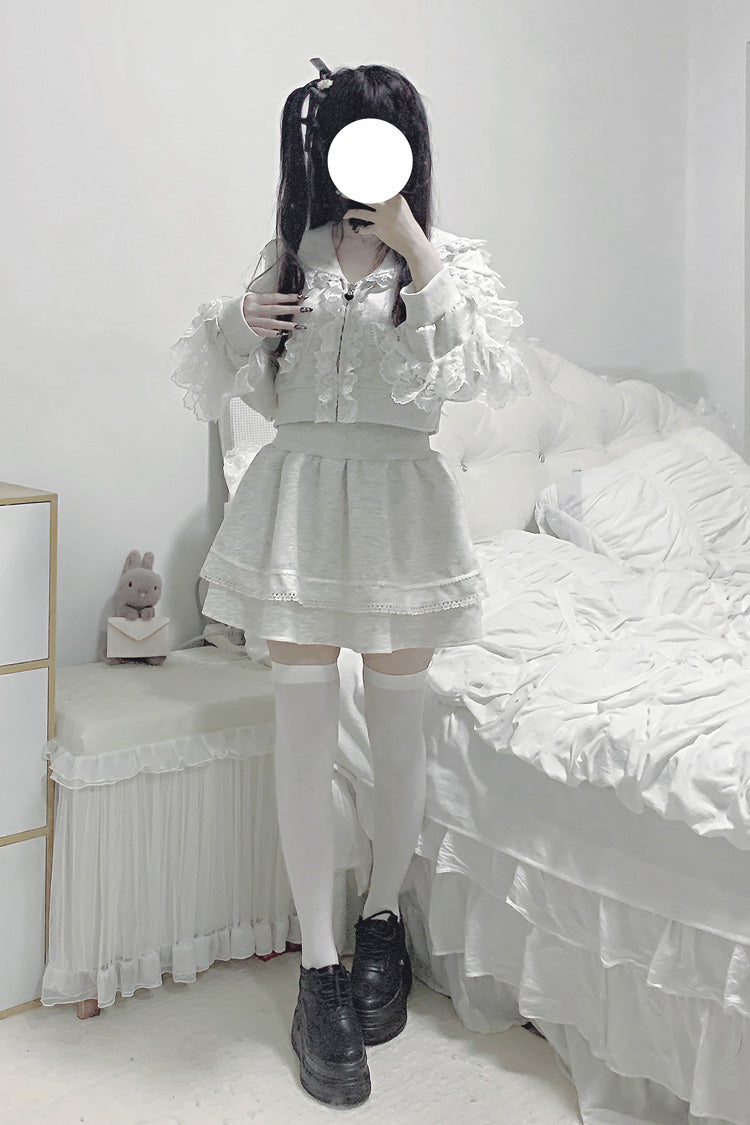 Grey Long Sleeve Ruffled Lace Hooded Jirai Kei Skirt Set