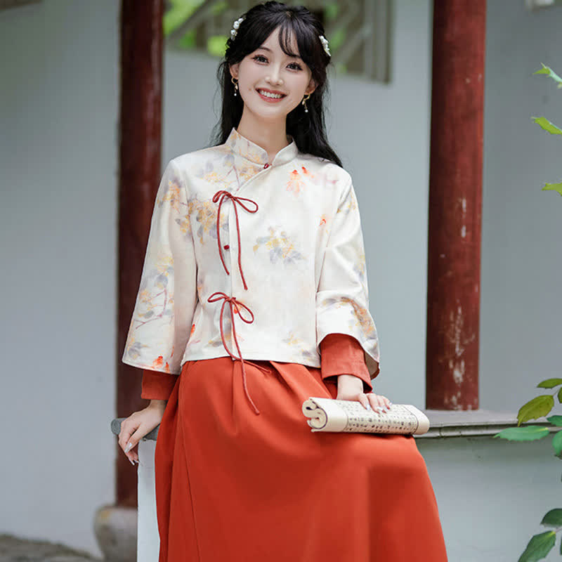 Vintage Bamboo Print Sweatshirt High Waist Pleated Skirt