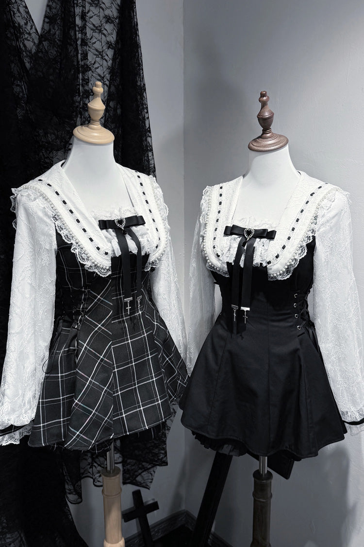Square Collar Long Sleeves Printed Bow Lace Pearl-Decorated Gothic Japanese Dress Shorts