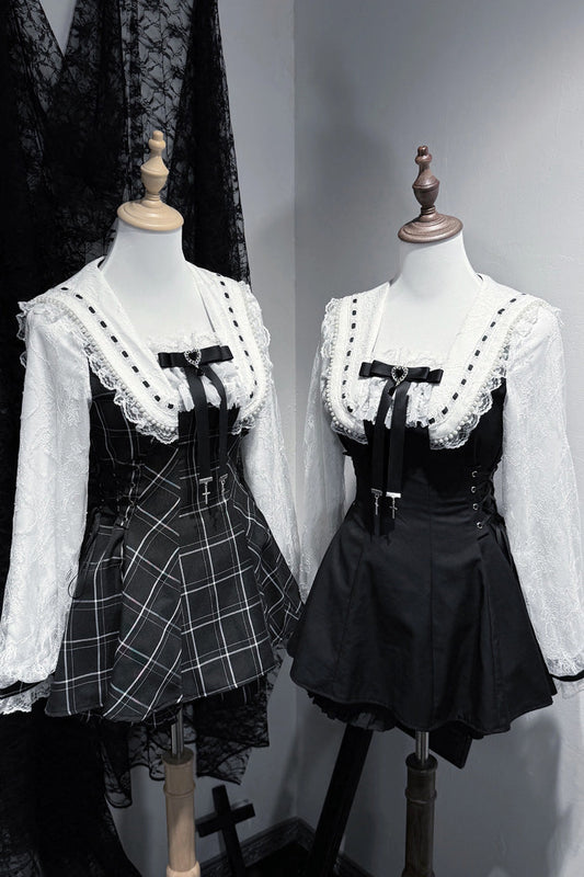 Square Collar Long Sleeves Printed Bow Lace Pearl-Decorated Gothic Japanese Dress Shorts