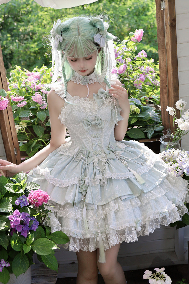 Green [Prelude of Spring Cherry] Square Collar Sleeveless Multi-Layered Jacquard Ruffled Bow Lace Pearl-Decorated Sweet Lolita Jsk Dress