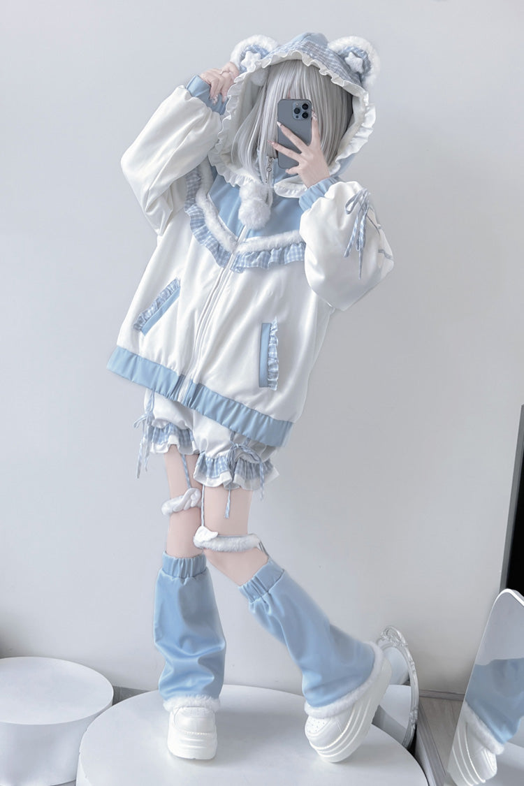 White Blue Long Sleeve Ruffled Hooded Jirai Kei Sports Coat