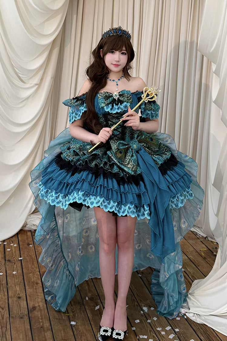 Blue/Green [Peacock Spirit Princess] Sleeveless Multi-Layered Ruffled Bow Lace-Up Classic Elegant Lolita Jsk Dress