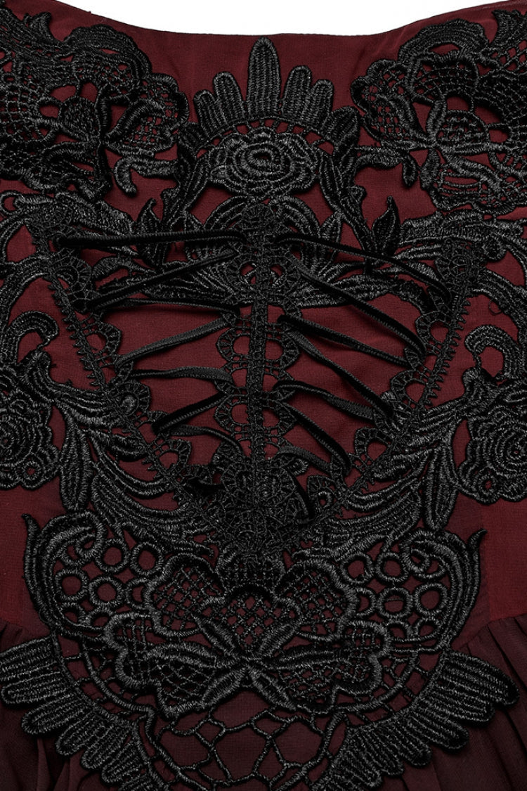 Dark Crimson Floral Embroidered Lace-Up Gothic Slip Dress