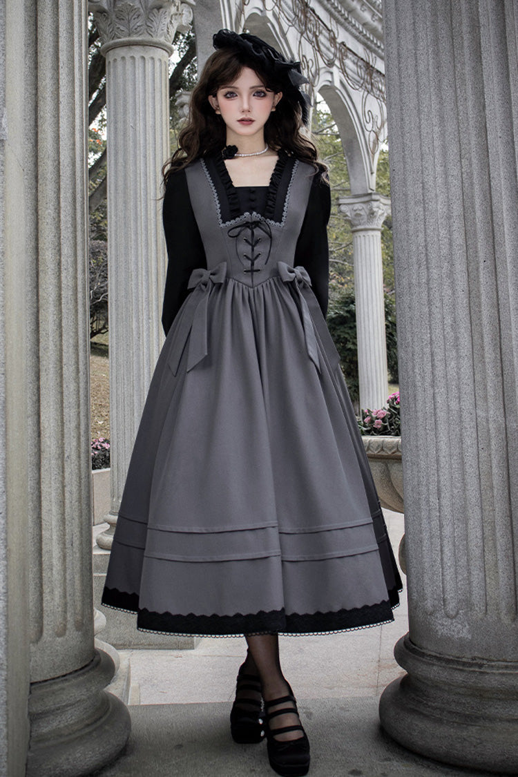 Ash Square-Collar Color-Block Lolita Gown with Lace-Up Bow