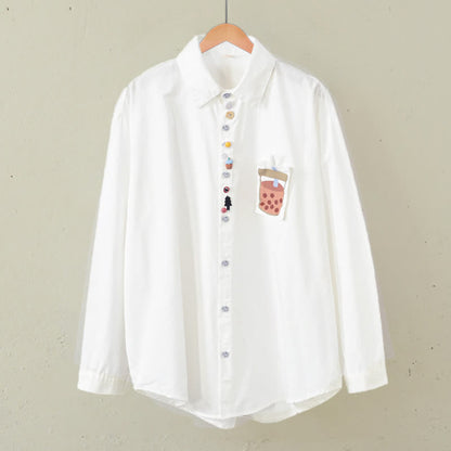 Cartoon Button Milk Tea Print Pocket Lapel Shirt