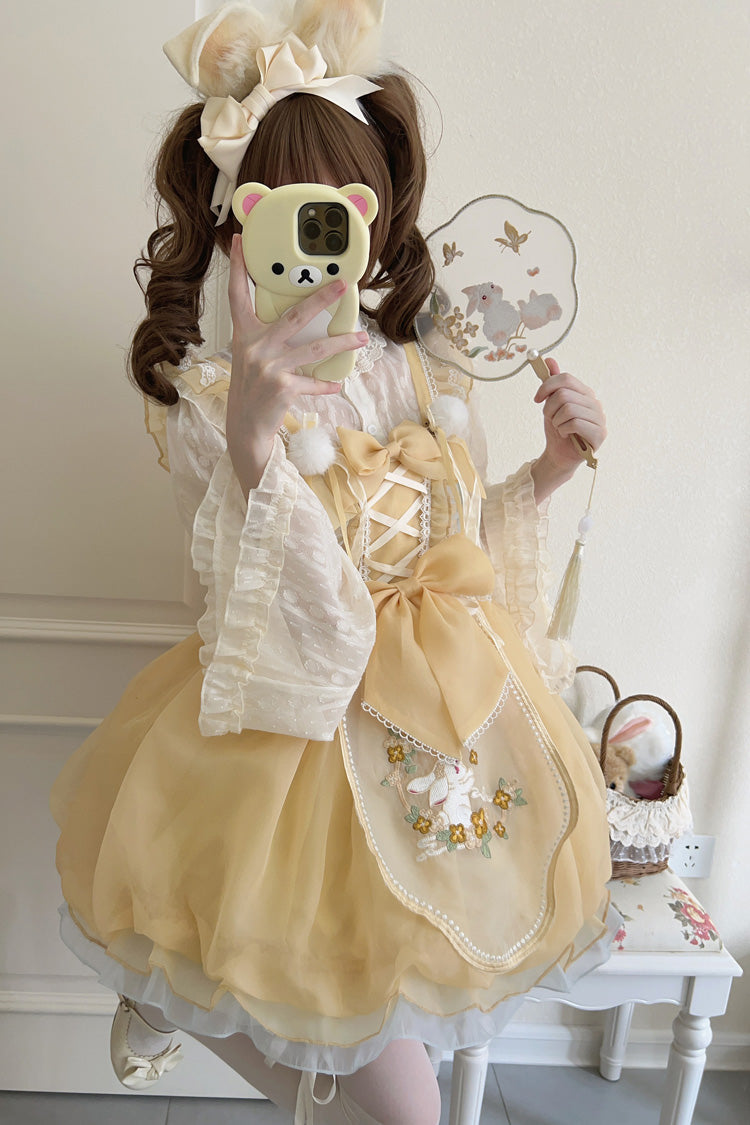 Yellow Moon Rabbit Embroidery Ruffled Bowknot Lace Sweet Lolita JSK