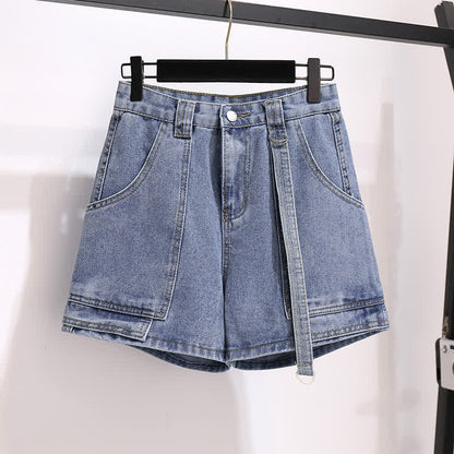 Fake Two Pieces Lapel T-Shirt Pocketed Denim Shorts