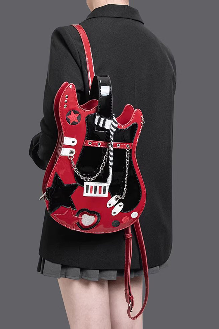 Embroidered Itabag with Guitar Heart and Chain, Color-Block Sweet Lolita