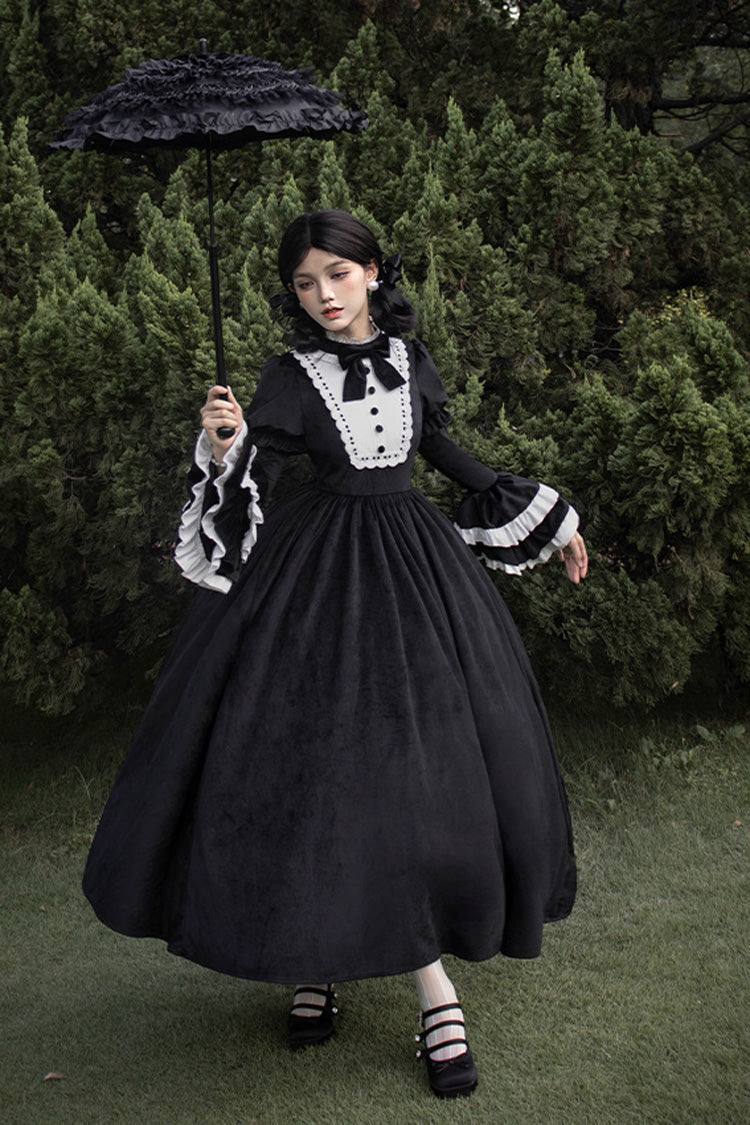 Black Sleepless Night Long Hime Sleeves Ruffle Bow Gothic Dress