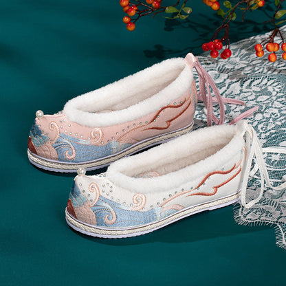 Kawaii Embroidery Wave Pearl Fuzzy Trim Flats Shoes