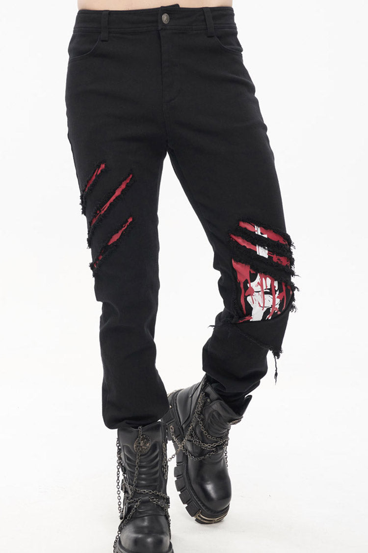 Ripped Leg-Bone Print Punk Trousers in Twill