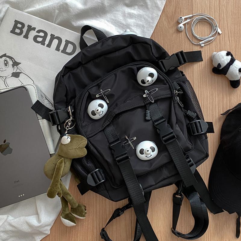 Black Panda Pin Backpack Crossbody Bag