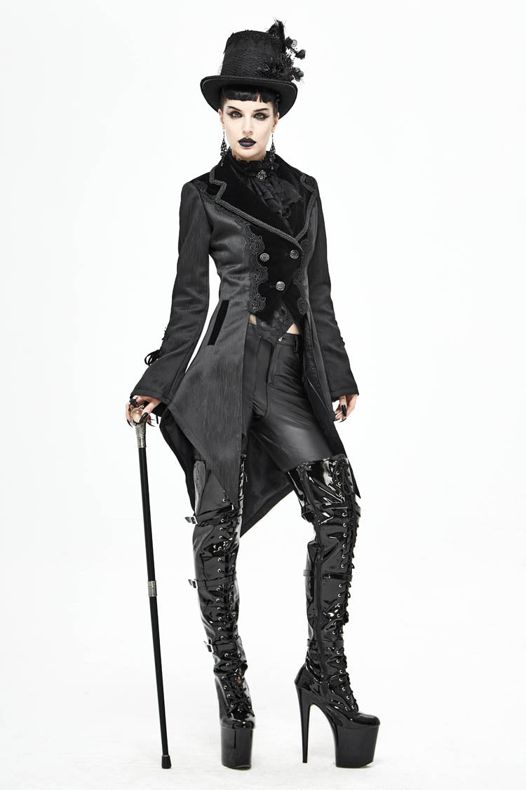 Women's Gothic Coat in Black with Decals, Metal Button Lace-Up Cuffs & Striped Jacquard