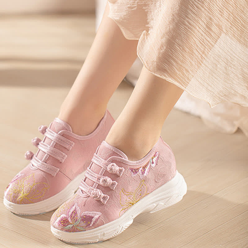 Pink Blossom Embroidery Buckle Platform High Heels Shoes