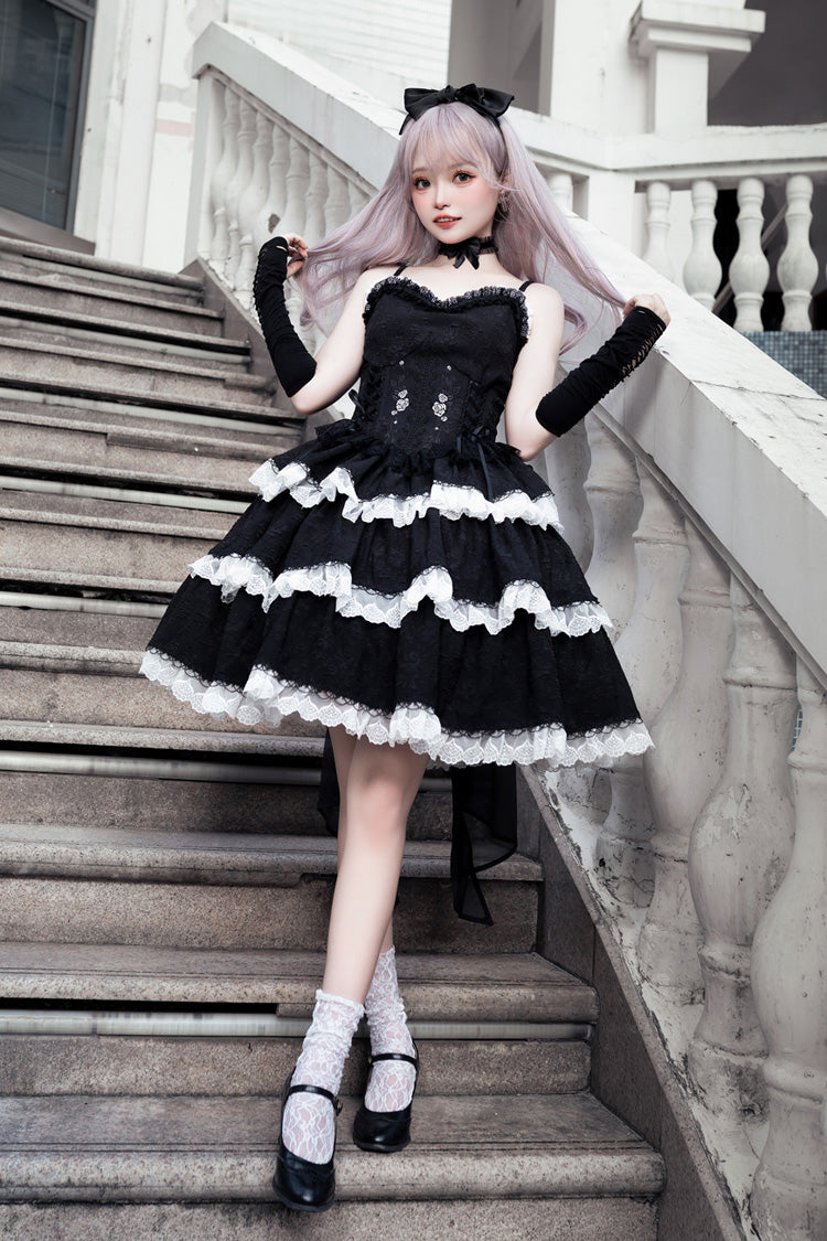 Black Triple-Layered Ruffle Embroidery Bow Gothic Lolita Jsk Dress