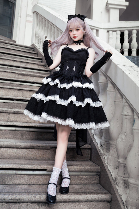 Black Triple-Layered Ruffle Embroidery Bow Gothic Lolita Jsk Dress