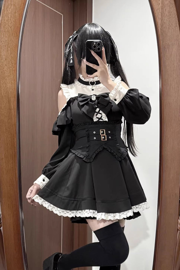 Monochrome Off-Shoulder Jirai Kei Dress Set with Ruffled Long Sleeves