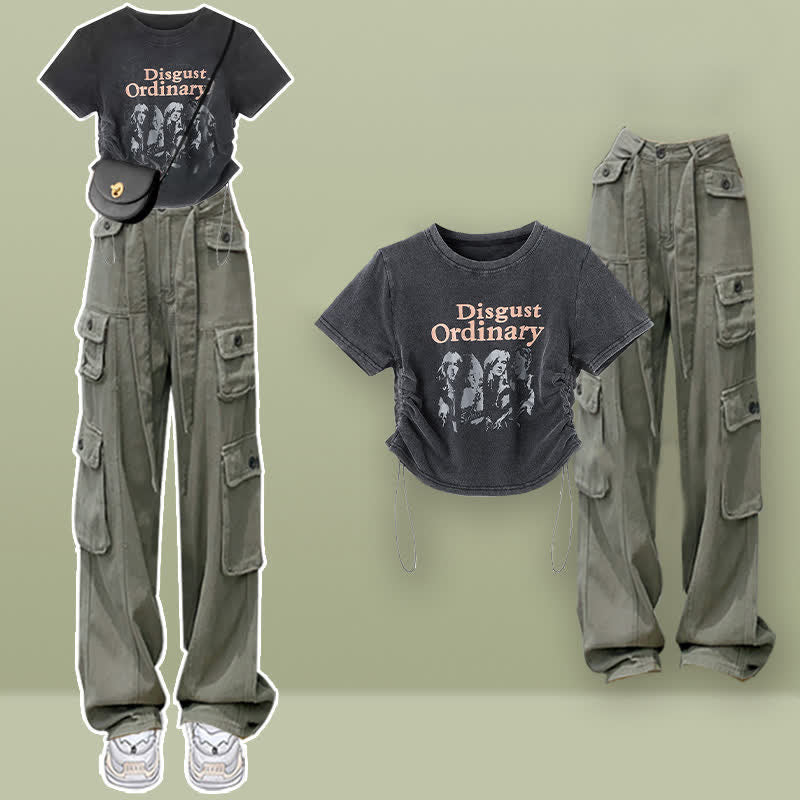 Casual Letter Print Drawstring Crop Top T-Shirt Pocketed Cargo Pants