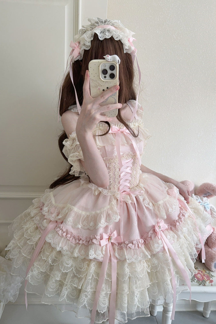 Rose Sleeveless Layered Ruffle Bow Lace Corset Ballet Jumper Dress - Ribbon Heart Love