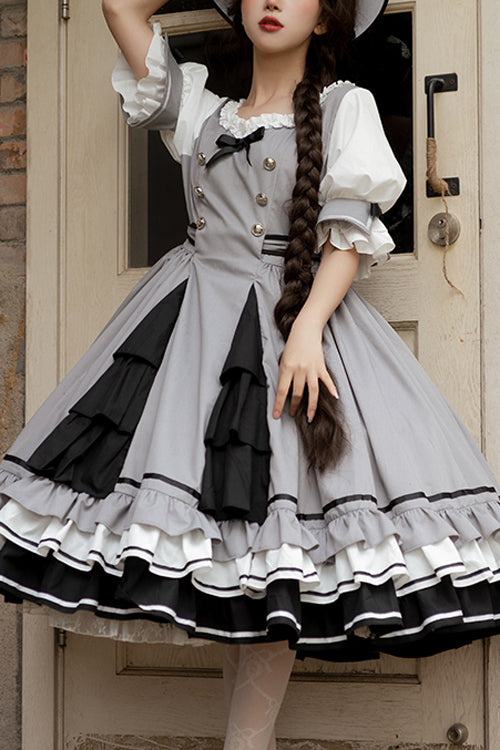 Ash High-Waisted Layered-Hem Ruffled Round-Collar Lolita Gown