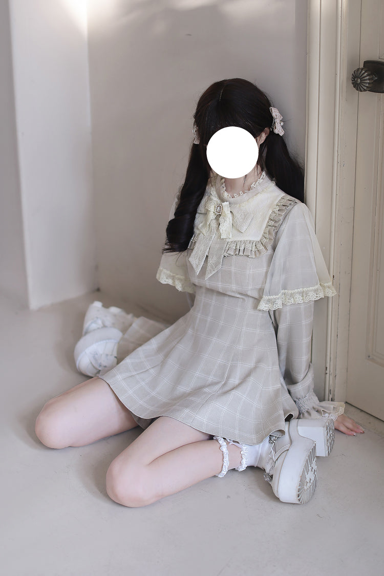Light Brown Long Sleeve Plaid Print Ruffled Bow Jirai Kei Dress