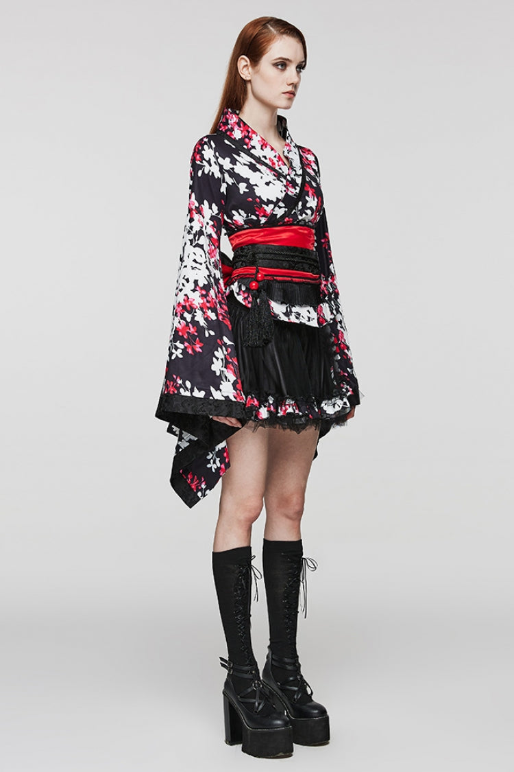 Multicolor Long Sleeves Floral Print Ruffle Gothic Dress with Skirt