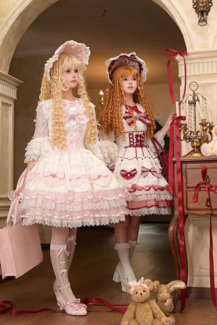 Crimson Snowberry Square Collar Sleeveless Double-Layered Ruffled Bow Lace-Up Sweet Elegant Jsk Dress