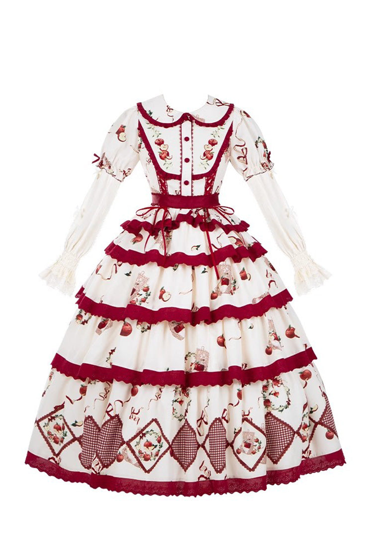 Crimson Beige Triple-Layered Apple Orchard Printed Ruffled Embroidered Sweet Lolita Maxi Skirt