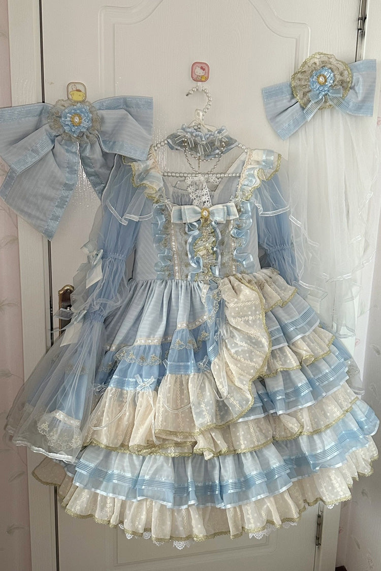 Blue Multilayer Ruffled Bowknot Lace Sweet Princess Lolita Dress
