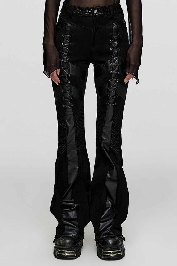 Ebony Grommet Faux Leather Stitched Mesh Steampunk Pants for Women