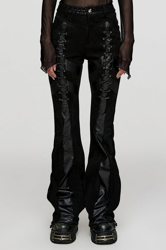 Ebony Grommet Faux Leather Stitched Mesh Steampunk Pants for Women
