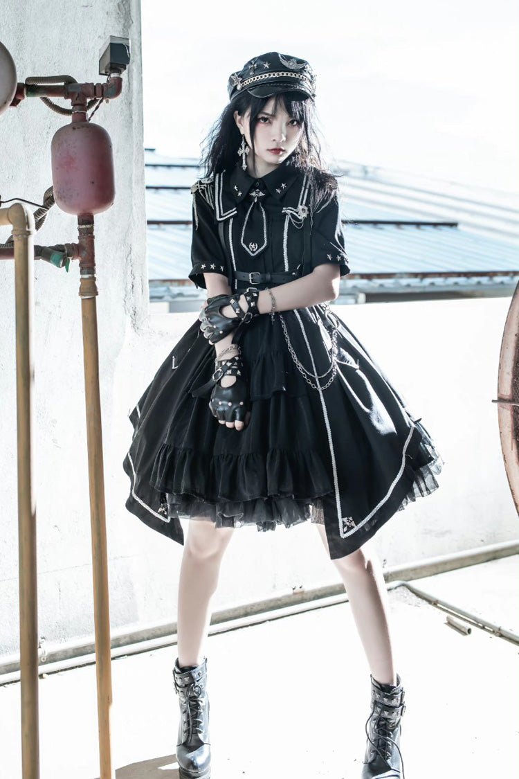 Military-Style Gothic Dress with Cardigan and Lace Accents