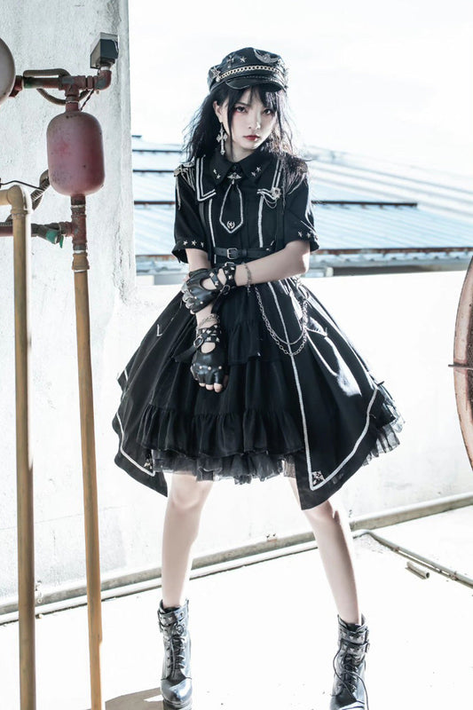Military-Style Gothic Dress with Cardigan and Lace Accents