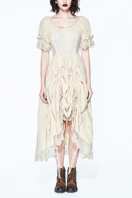 Vintage Punk Embroidered Lace Drawstring Dress - Creamy White