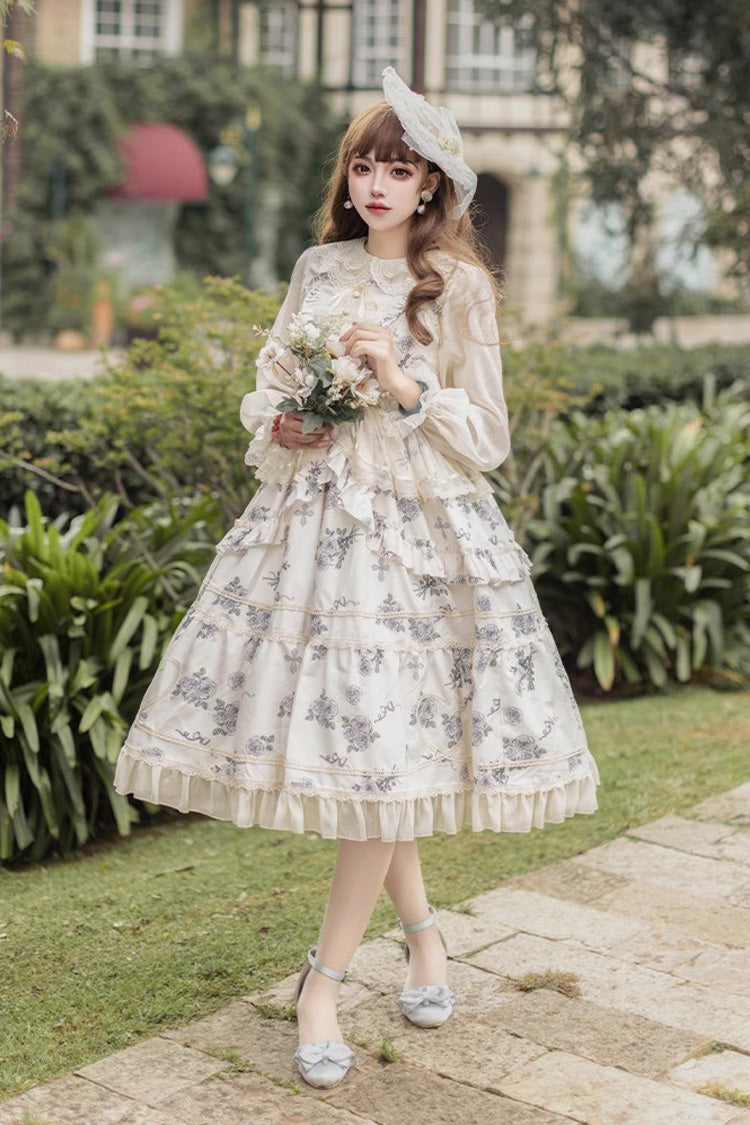 Rose Print Sweet JSK Dress with Puff Sleeves - Lolita