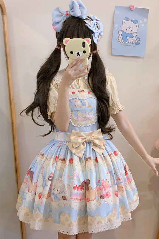 Party Print Bowknot Stitching Lace JSK Dress - Cream - Tri-Color