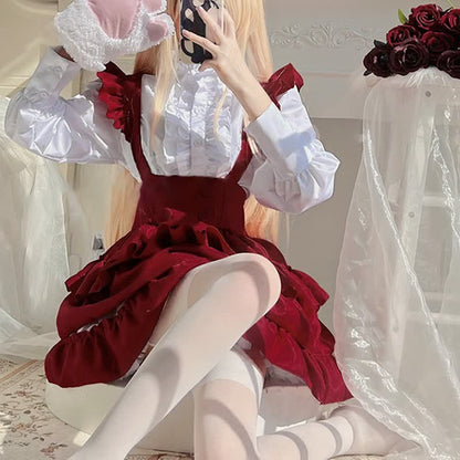 Lolita Red Button Ruffled Shirt Bubble Overalls Skirt Set