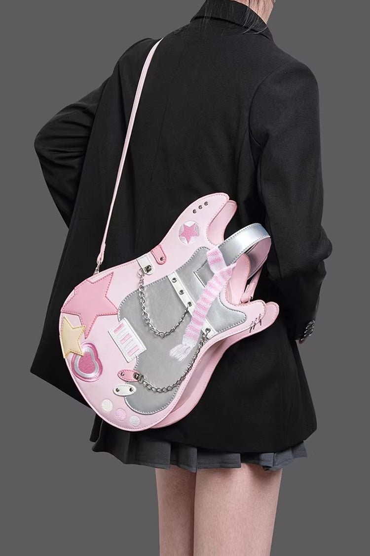 Embroidered Itabag with Guitar Heart and Chain, Color-Block Sweet Lolita