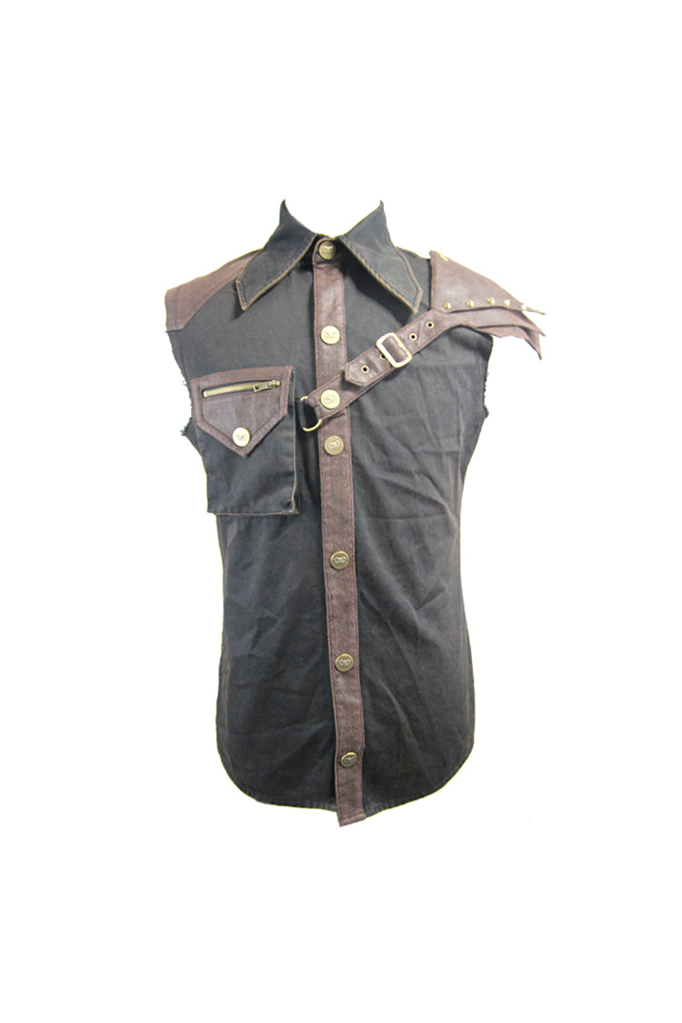 Sleeveless Punk Shirt with Armor Shoulder and Hasp