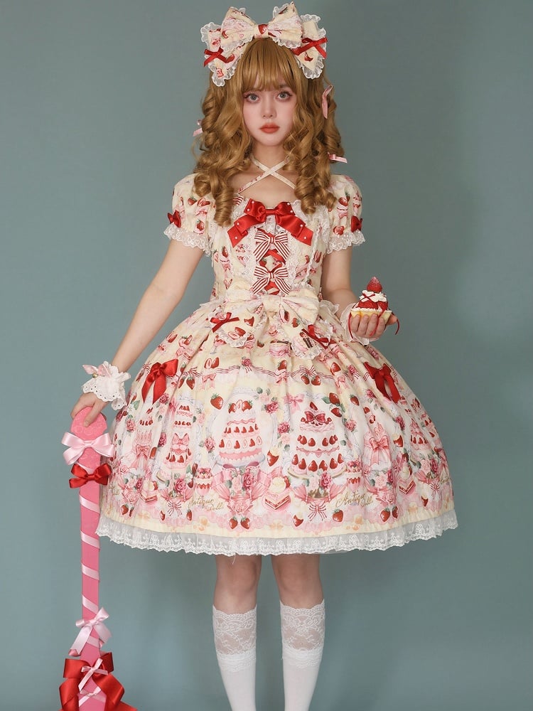 Accents Print Lolita Full Sweet Yellow Cake Bow Set Dress / Strawberry