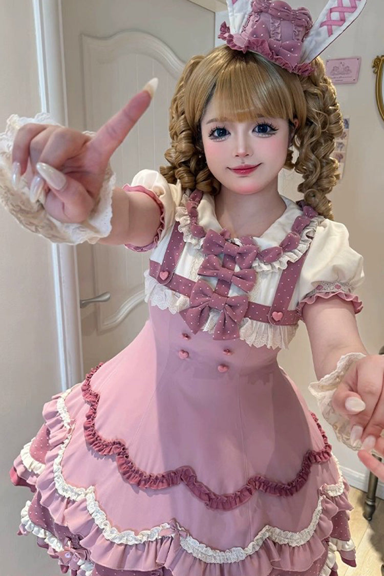 Bunny Parfait Short Sleeve Multi-Layered Ruffled Bow Sweet Lolita Dress - Pink