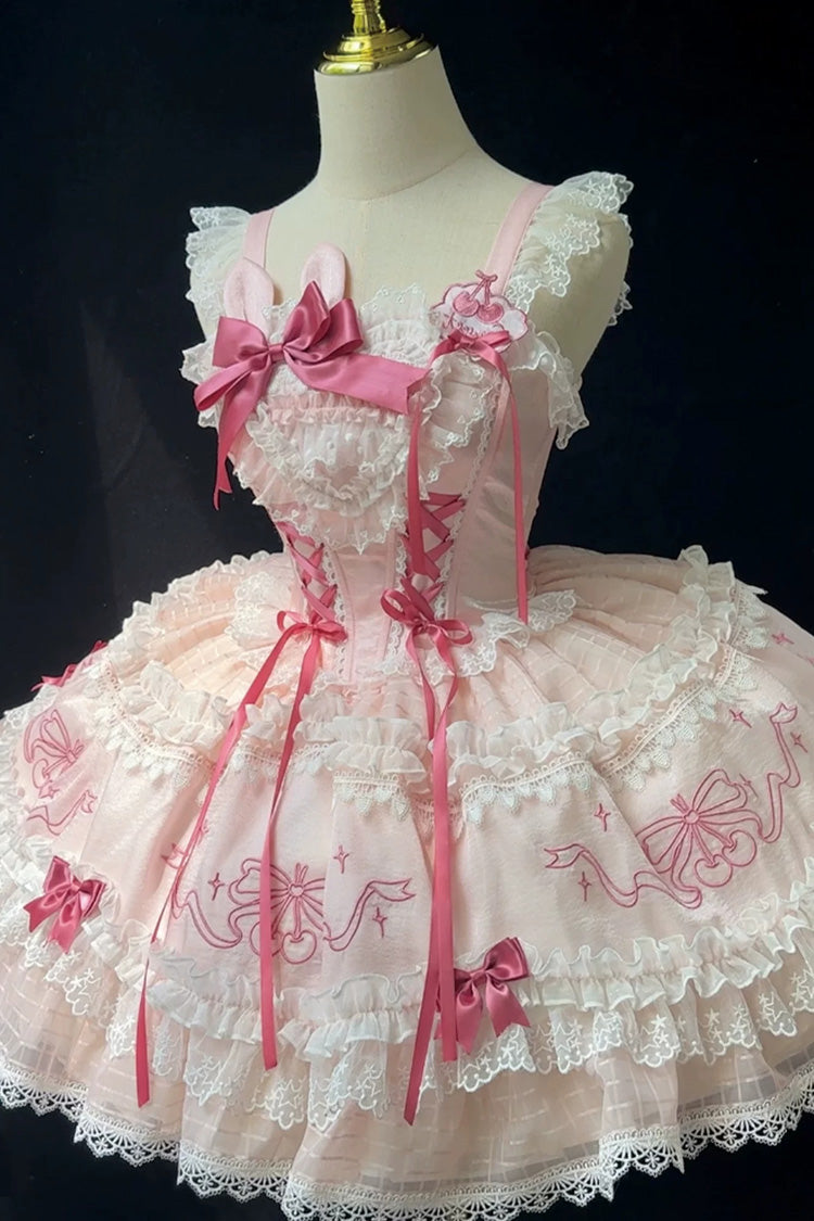 Blush Flutter-Sleeve Embroidered Square Neck Ruffled Lolita JSK - Sweetheart Bunny