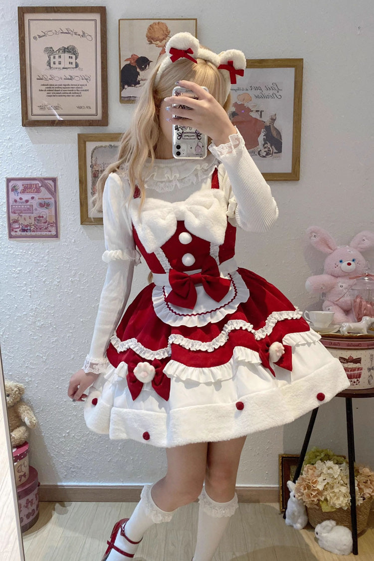 Winter Ruffle Bowknot Sweet JSK Dress in 3 Shades - Cream Snow Cat